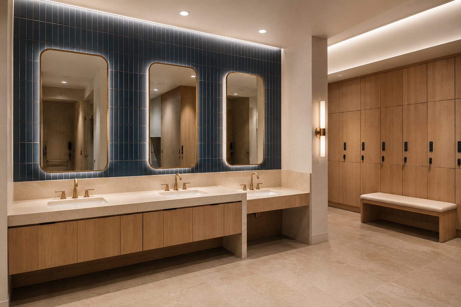 Locker rooms with coastal Spanish tile and brass fixtures