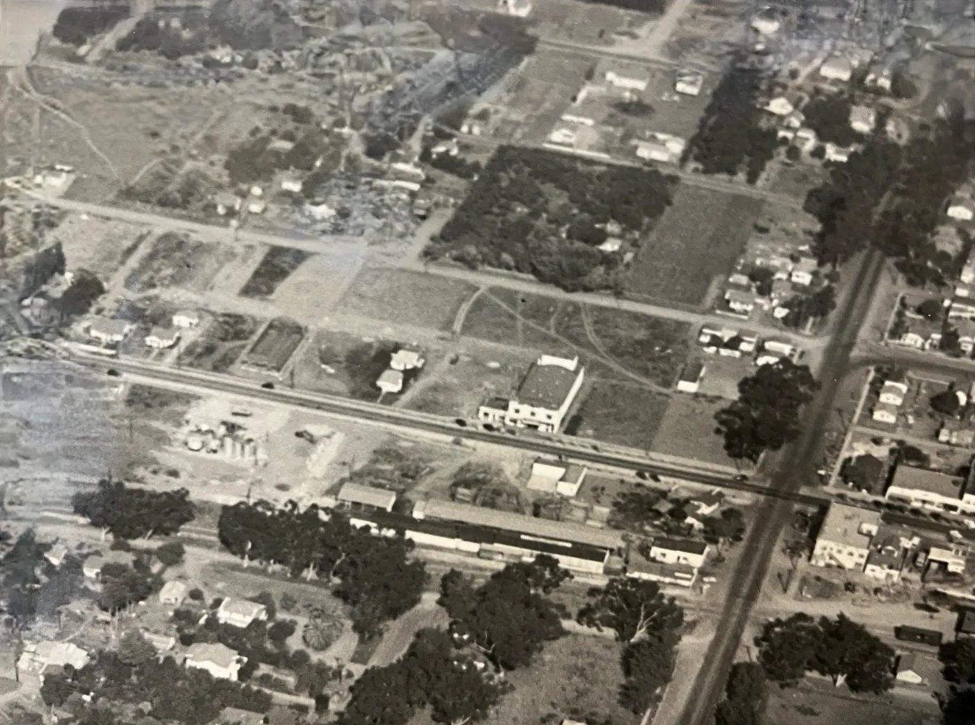 Aerial view of Carlsbad and State Street in the 1940s